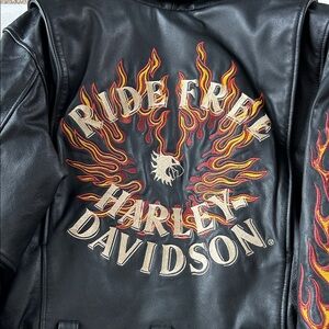 Vintage Harley-Davidson Black Leather Bomber Jacket with Flame Sleeves
